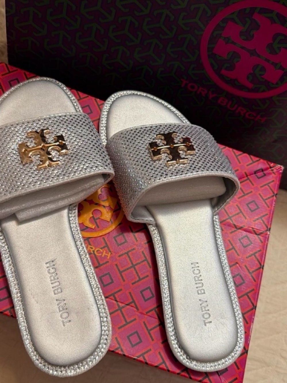 Tory Burch Silver Metallic Logo Slide Sandals with Gold Emblem